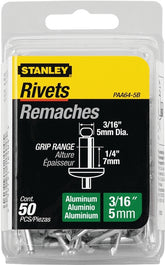 STANLEY PAA64-5B Pop Rivet, Reusable, 1/4 in Grip, 3/16, 1-1/2 in L, Aluminum
